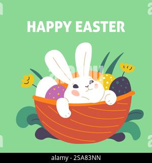 Joyeuses cartes de voeux de Pâques avec personnage de lapin assis dans un bol ou un panier avec des œufs pour la fête. Caractère mignon avec des fleurs et des fleurs. Célébration traditionnelle des fêtes. Vecteur dans le style plat. Lapin dans le panier avec oeufs et plantes carte de voeux Illustration de Vecteur