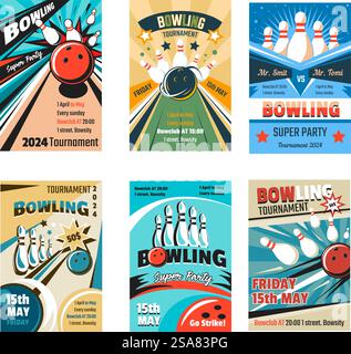 Bowling tournoi, carte d'invitation à l'événement sportif. Carte avec date, épingle et boule. Flyer Bowclub pour les joueurs et les visiteurs du club. Affiche ou bannière publicitaire, vecteur dans le style plat. Bowling, tournois posters avec couloirs Illustration de Vecteur