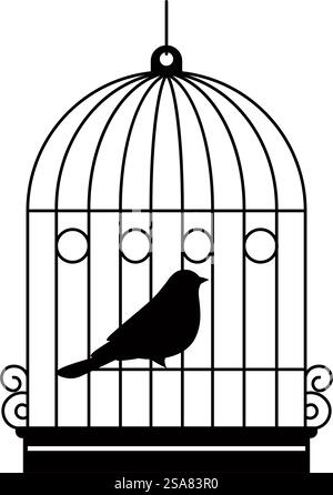 Silhouette de birdie en cage, animal aviaire isolé assis dans une cage avec des tourbillons vintage et des décorations. Animal domestique pour la maison, perroquet Wor oiseau tropical exotique avec plumage. Vecteur dans l'illustration de style plat. Cage en métal vintage avec oiseau, vecteur animal aviaire Illustration de Vecteur