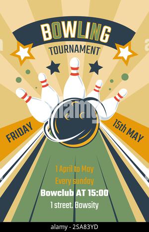 Tournoi au bowclub, jeu de bowling pour les visiteurs et les joueurs. Prospectus d'invitation pour les activités sportives. Piste avec des épingles et la balle, la grève et les étoiles. Affiche ou bannière publicitaire, vecteur dans le style plat. Tournoi de bowling, affiche des spectacles du club de bowling Illustration de Vecteur