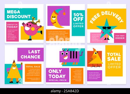 Jeu de publication de médias sociaux avec caractère géométrique. Offre spéciale publicité à la collection de bannières de réseau, illustration vectorielle. Conception de page Web colorée avec signe promo de réductions. Jeu de publication de médias sociaux avec caractère géométrique Illustration de Vecteur