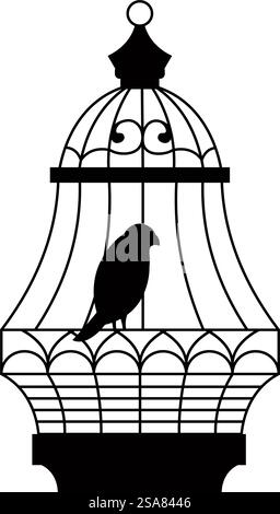 Cage en métal vintage avec forme arrondie et tourbillons et silhouette d'oiseau. Animal aviaire isolé en cage avec longue queue, perroquet ou oiseau exotique dans un zoo ou un magasin. Entreposer avec des animaux de compagnie. Vecteur dans le style plat. Silhouette d'oiseau dans la cage métallique vintage, vecteur Illustration de Vecteur