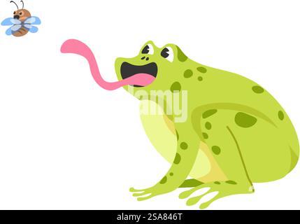 Grenouille assise avec la bouche ouverte essayant d'attraper la mouche avec la langue longue. Royaumes aquatiques et terrestres chasse les créatures à la proie. Amphibien contrôlant les populations d'insectes dans les écosystèmes. Vecteur dans le style plat. Les amphibiens chassent des proies, la grenouille essayant d'attraper la mouche Illustration de Vecteur