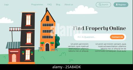 Services d'agence immobilière aidant à trouver une propriété en ligne. Recherche de maison ou d'appartement pour vivre, conseils professionnels d'experts. Page de destination de site Web, vecteur de site Internet dans le style plat. Trouver une propriété en ligne, site de l'agence immobilière Illustration de Vecteur