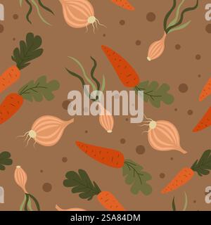 Carottes de ferme, légumes cultivés de manière biologique. Carottes mûres et oignons, herbe et branches. Légumes pour le marché, vente de produits. Impression de motif sans couture, fond ou papier peint. Vecteur dans le style plat. Légumes de la ferme, carottes et oignons imprimés Illustration de Vecteur