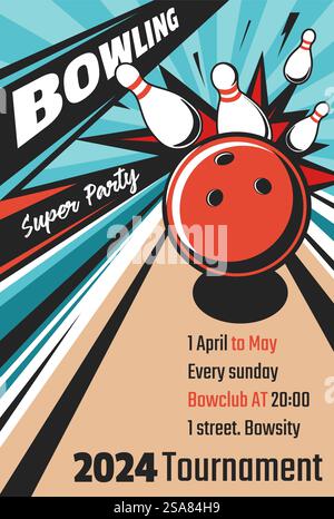 Tournoi au bowclub, super soirée bowling pour les joueurs. Carte d'invitation ou circulaire indiquant la date et l'heure de l'événement. Divertissement et divertissement. Affiche ou bannière publicitaire, vecteur dans le style plat. Super fête de bowling, flyer de tournoi ou carte Illustration de Vecteur