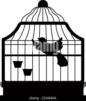 Oiseau en cage avec des tourbillons métalliques et des récipients pour l'eau. Silhouette isolée d'animal aviaire en cage essayant de voler. Birdie dans le zoo ou animalerie, assortiment de magasins. Vecteur dans l'illustration de style plat. Oiseau en cage, silhouette de vecteur animal aviaire Illustration de Vecteur