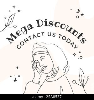 Réduction du prix des produits et des marchandises dans les magasins et les magasins. Rabais sur les vêtements pour les femmes musulmanes. Fille portant le hijab, méga ventes. Bannière promotionnelle ou publicité. Vecteur dans le style plat. Offres limitées dans le temps, réductions et réductions Illustration de Vecteur
