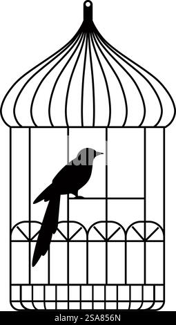 Récipient vintage avec des tourbillons et des éléments décoratifs pour oiseau. Oiseau isolé en silhouette de café, animal aviaire en cage avec longue queue et plumage de plumes douces. Vecteur dans l'illustration de style plat. Animal aviaire en cage, récipient vintage pour oiseau Illustration de Vecteur