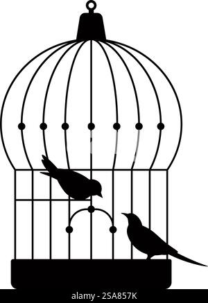 Silhouette d'oiseaux en cage, animaux aviaires isolés avec de longues queues chantant les uns aux autres. Birdie dans un récipient vintage en métal avec forme arrondie et bâton pour s'asseoir. Vecteur dans l'illustration de style plat. Animaux aviaires en cage, silhouette d'oiseaux en cage Illustration de Vecteur