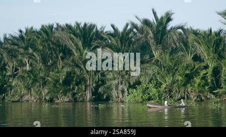Un bois traditionnel avec deux passagers naviguant à travers les rives verdoyantes d'une rivière à Banjarmasin, mettant en valeur la vie quotidienne et les transports Banque D'Images