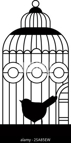Oiseau en cage avec une longue queue qui chante. Silhouette isolée d'animal aviaire, espèce exotique de birdie. Magasin ou animalerie avec assortiment. Cage ou conteneur vintage en métal pour le transport. Vecteur dans le style plat. Cage vintage avec vecteur d'oiseau aviaire en cage Illustration de Vecteur