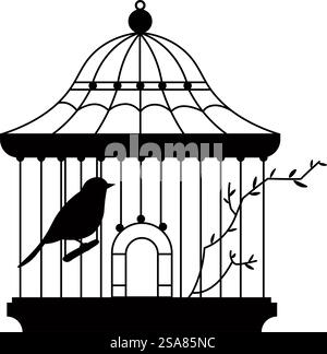 Silhouette de petit oiseau en cage avec des tourbillons et branche d'arbre ou de plante. Animal aviaire isolé dans un zoo ou un magasin pour animaux de compagnie. Récipient avec barres pour oiseaux, perroquets ou espèces exotiques. Vecteur dans le style plat. Cage vintage avec animal aviaire, petit oiseau Illustration de Vecteur