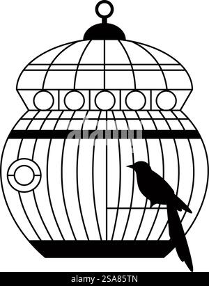 Silhouette de cage vintage avec des tourbillons et des éléments décoratifs. Oiseau exotique isolé à longue queue, perroquet dans un récipient avec des cercles et des barres. Zoo ou animalerie. Vecteur dans l'illustration de style plat. Oiseau en cage vintage avec longue queue, silhouette Illustration de Vecteur