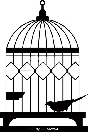Silhouette d'animal aviaire assis dans une cage métallique. Oiseau en cage isolé ou perroquet à longue queue et okumage mou. Transporteur vintage pour birdie, zoo ou boutique avec des animaux de compagnie à acheter. Vecteur dans le style plat. Oiseau en cage dans une cage métallique, silhouette d'animal aviaire Illustration de Vecteur