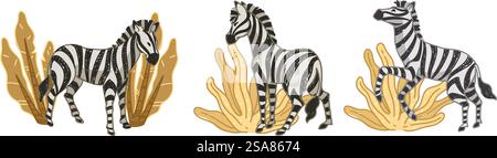 Une illustration vectorielle ludique de zèbres dans diverses poses pâturant parmi les herbes de savane, parfait pour le matériel éducatif .. Vecteur de savane africaine pâturant des zèbres Illustration de Vecteur