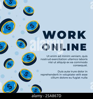 Restez connecté à vos tâches dans le confort de l'espace de travail choisi. Travailler en ligne promo ou affiche publicitaire. Optimisation de votre productivité sur un horaire flexible. Mode de vie numérique. Vecteur dans le style plat. Travailler en ligne, affiche publicitaire numérique de l'espace de travail Illustration de Vecteur