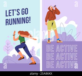 Commencez à vivre activement et profitez d'un corps sain. Soyez actif et lâchez-vous. Mode de vie loisir activité ou passe-temps. Programme pour débutants, homme et femme faisant du sport à l'extérieur. Vecteur dans le style plat. Allons courir, vivre activement et en bonne santé vecteur Illustration de Vecteur