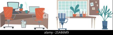 Illustration vectorielle plate d'une configuration de bureau à domicile, avec des meubles élégants et des plantes d'intérieur, isolés sur blanc.. Vecteur d'installation de bureau à domicile moderne Illustration de Vecteur