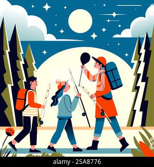 Illustration vectorielle de randonneurs avec des lanternes la nuit, naviguant à travers la nature sauvage sous un ciel clair de lune. Idéal pour les concepts d'activité en plein air.. Randonnée nocturne aventure illustration vectorielle Illustration de Vecteur