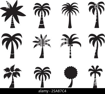 Une collection de diverses silhouettes de palmiers en format vectoriel, adapté aux graphismes tropicaux et aux designs de voyage. Ensemble de palmiers aux silhouettes variées Illustration de Vecteur