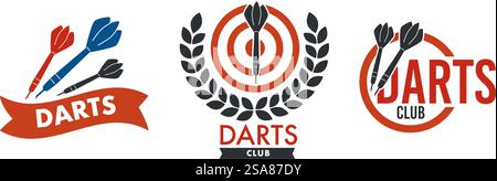 Trois logos de club de fléchettes avec des cibles et des couronnes de laurier, illustration vectorielle, isolé sur fond blanc, idéal pour la marque.. Vecteur de variations de logo de Darts Club Illustration de Vecteur