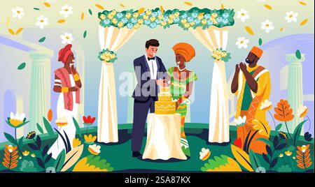 Illustration vectorielle colorée représentant une scène de mariage multiculturelle avec divers couples en tenue traditionnelle, sur fond floral. Convient pour les invitations de mariage ou les événements culturels.. Vecteur d'illustration de célébration de mariage multiculturel Illustration de Vecteur