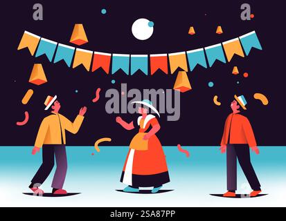 Une célébration nocturne avec des personnages dansant sous des fanions, l'art vectoriel capture l'essence des rassemblements festifs. Danse nocturne festive sous les fanions Illustration de Vecteur