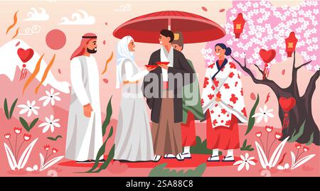 Illustration vectorielle colorée représentant une scène de mariage multiculturelle avec divers couples en tenue traditionnelle, sur fond floral. Convient pour les invitations de mariage ou les événements culturels.. Vecteur d'illustration de célébration de mariage multiculturel Illustration de Vecteur