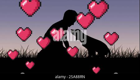Image de chaleurs flottant au-dessus de la silhouette de l'homme et du chien dans le champ Banque D'Images