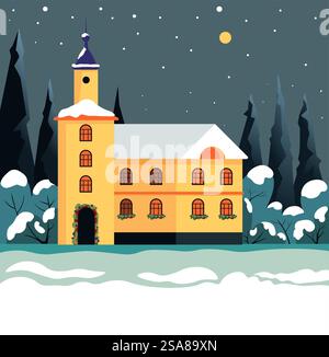 Une maison jaune dans une forêt enneigée sous un ciel nocturne, créée dans un style vectoriel plat. Parfait pour Noël et les designs d'hiver.. Maison jaune dans Snowy Forest Illustration de Vecteur