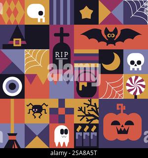 Un motif sans couture avec des icônes sur le thème d'Halloween comme des crânes, des chauves-souris et des citrouilles. Créé dans un style vectoriel plat. Idéal pour les motifs festifs, les invitations ou les décorations.. Motif sur le thème de l'Halloween avec icônes Illustration de Vecteur