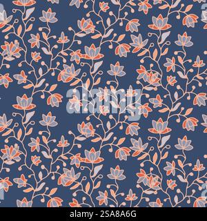 Motif floral sans couture dans des tons chauds avec des éléments botaniques détaillés. Illustration vectorielle adaptée au tissu, au papier peint et aux projets d'art.. Motif fleuri sans couture aux tons chauds Illustration de Vecteur