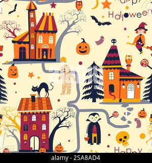 Modèle sans couture avec des maisons d'Halloween, des personnages et des citrouilles dans un style d'illustration vectorielle ludique. Parfait pour le décor festif et le design textile.. Halloween maisons et personnages modèle Illustration de Vecteur
