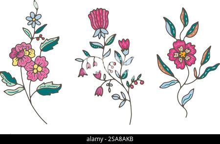 Ensemble de trois illustrations vectorielles uniques de fleurs sauvages avec des accents roses et sarcelle, isolés sur un fond blanc. Idéal pour les projets de conception et les décorations.. Trio de vecteur d'illustrations de fleurs sauvages Illustration de Vecteur