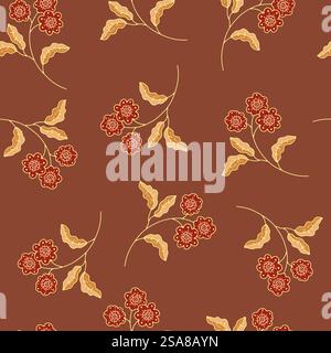 Motif floral vectoriel sans couture avec des fleurs rouges et beiges sur un fond brun chaud. Convient pour les dessins de papier peint, textile ou papeterie.. Motif floral rouge et marron classique Illustration de Vecteur