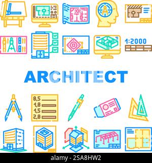 vecteur de jeu d'icônes de dessin de dessinateur architectural. ingénieur de maison, architecte de construction de plan d'architecture de bâtiment projet de plan d'architecture dessinateur d'architecture dessinant des illustrations de ligne de couleur. vecteur de jeu d'icônes de dessin de dessinateur architectural Illustration de Vecteur