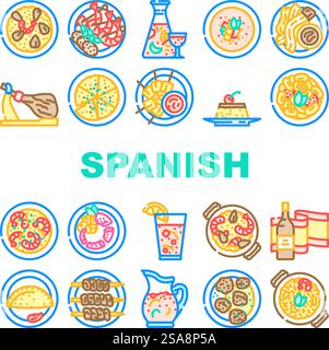 cuisine espagnole nourriture espagne icônes paella set vecteur. plat méditerranéen, oignon tortilla, table omelette, moule gourmet, olive, cuisine traditionnelle espagnole nourriture espagne paella illustrations de ligne de couleur. cuisine espagnole nourriture espagne icônes paella set vecteur Illustration de Vecteur