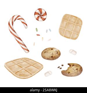 Ensemble aquarelle de bonbons de Noël canne de bonbons de sucrerie de sucette, biscuits de flocons d'avoine, guimauves, bonbons, gaufrettes, saupoudrer. Illustration du nouvel an sur blanc Banque D'Images