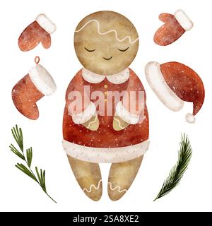 Aquarelle illustration Noël homme en pain d'épice en costume de Père Noël, chaussette, chapeau, mitaines, branches de sapin. Ensemble nouvel an pour la conception de cartes postales, affiches Banque D'Images