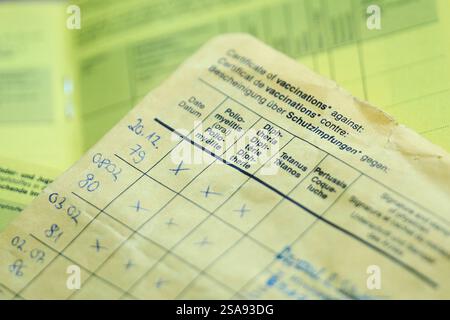 Berlin, Allemagne. 29 janvier 2025. Dans une carte de vaccination plus ancienne, les champs poliomyélite (l-R), diphtérie et tétanos sont cochés. Crédit : Annette Riedl/dpa/Alamy Live News Banque D'Images