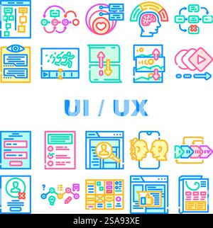 ui ux interface web web icônes mobiles set vecteur. web mobile, utilisateur de flèche, outil de site web, contrôle, moderne simple, découvrez les illustrations de lignes de couleurs mobiles de l'interface web ui ux. ui ux interface web web icônes mobiles set vecteur Illustration de Vecteur