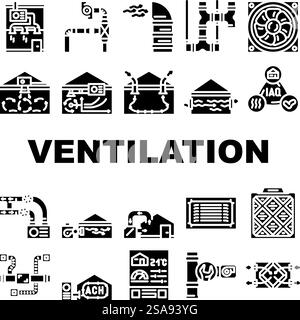 les icônes de chaleur de vent froid de ventilation d'air définissent le vecteur. Conditions du conditionneur, climat d'écoulement, technologie chaude, maison fraîche, contrôle ventilation air froid vent froid illustrations de pictogramme de glyphe de chaleur. les icônes de chaleur de vent froid de ventilation d'air définissent le vecteur Illustration de Vecteur