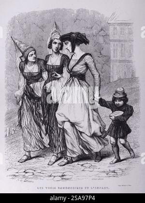 Gravure sur bois de notre-Dame de Paris de Victor Hugo, publiée en 1844 par Perrotin, Paris. Illustration : les trois femmes et l'enfant. Trois femmes en robe médiévale marchent côte à côte tout en étant engagées dans une conversation. L'un d'eux tient la main d'un enfant portant un gâteau. Adèle Laisné, avec sa sœur Aglaé, a travaillé dans l’atelier de son père, actif dans les années 1840 D’autres gravures signées « Laisné » sans mention d’un prénom pourraient être les œuvres de l’une des trois. Banque D'Images