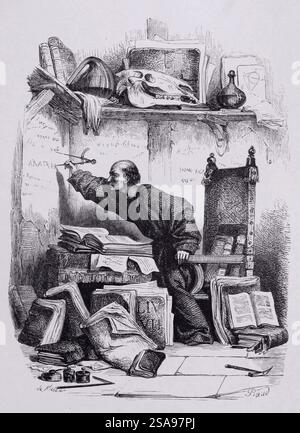 Gravure sur bois de notre-Dame de Paris de Victor Hugo, publiée en 1844 par Perrotin, Paris. Illustration : un moine qui était assis à son bureau dans son bureau se lève de sa chaise pour écrire avec une paire de boussoles le mot grec ἀνάγκη sur le mur qui lui fait face. Ἀνάγκη est souvent utilisé comme un équivalent du mot latin fatum, qui signifie destin, ou destin, avec un léger soupçon. Banque D'Images