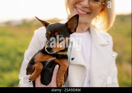 Jeune femme avec des lunettes embrasse son chien terrier russe aux cheveux lisses au coucher du soleil. Gros plan portrait d'animal de compagnie dans les mains du propriétaire. La vie avec Pet Conce Banque D'Images
