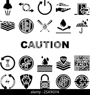 étiquettes de mise en garde du produit icônes d'avertissement définir vecteur. Contrôle des odeurs, réversible, arrêt automatique, léger, usage intérieur seulement produit étiquette de mise en garde pictogramme de glyphe d'avertissement. étiquettes de mise en garde du produit icônes d'avertissement définir vecteur Illustration de Vecteur