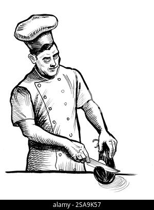 Chef coupant l'aubergine. Illustration noire et blanche à l'encre de style rétro dessinée à la main Banque D'Images