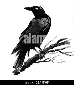 Corbeau sur une branche d'arbre. Illustration noir et blanc à l'encre dessinée à la main Banque D'Images