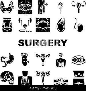 les icônes d'opération de l'hôpital de chirurgie définissent le vecteur. Anesthésie récupération, incision de scalpel, sutures stériles, chirurgien patient, opération hospitalière opération pictogramme de glyphe illustration. les icônes d'opération de l'hôpital de chirurgie définissent le vecteur Illustration de Vecteur